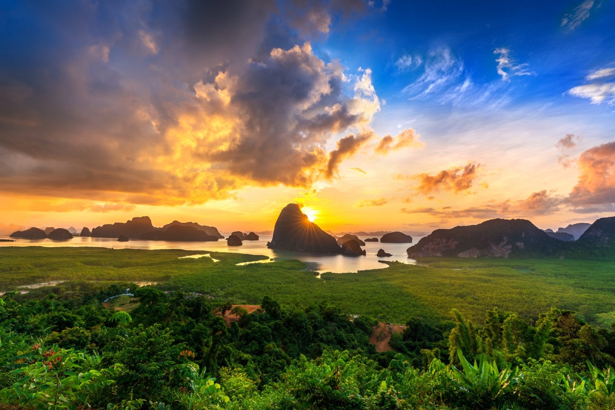 Samet nangshe viewpoint at sunrise in phang nga, thailand.